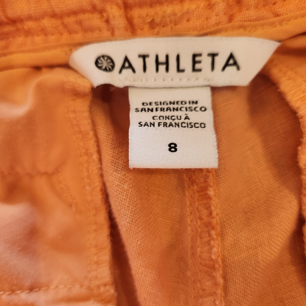 Athleta Cabo 100% Linen 4" Short Orange Size 8 Elastic Waist Drawstring Pockets - Picture 7 of 14